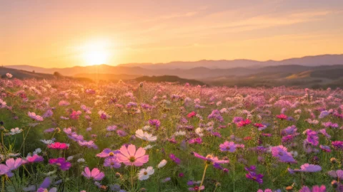 浪漫花田夕阳桌面壁纸