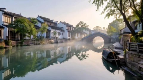江南水乡晨雾桌面壁纸