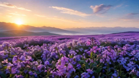 紫色花海晨光桌面壁纸