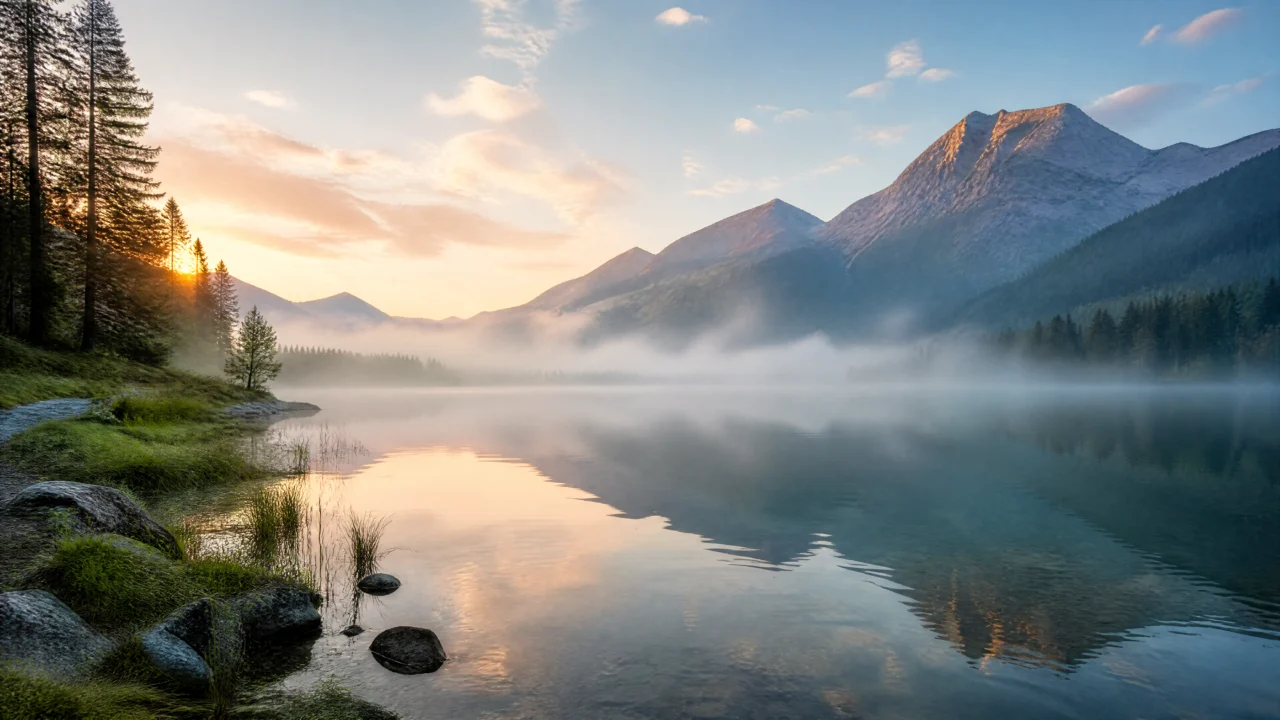 晨雾湖泊写实桌面壁纸