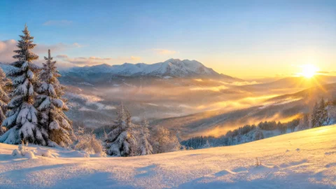 冬雪暖阳下的静谧雪景
