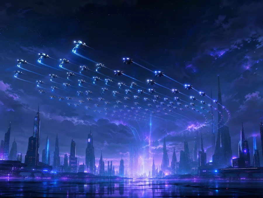 未来城市上空的无人机群