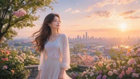 温柔小姐姐的夕阳花园桌面壁纸