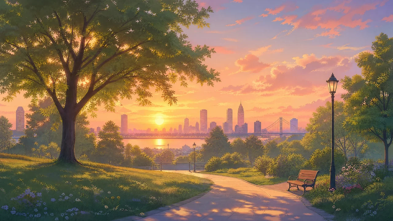 梦幻夕阳城市插画桌面壁纸