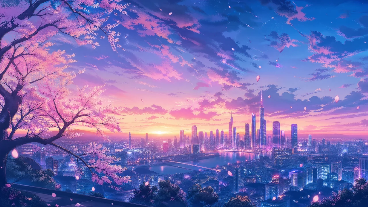 梦幻2次元黄昏城市桌面壁纸