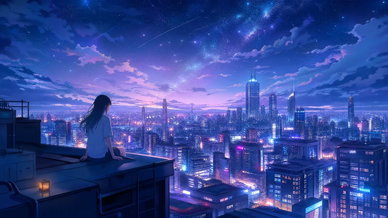 梦幻二次元霓虹夜景桌面壁纸