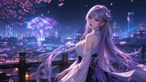 梦幻霓虹3D动漫少女桌面壁纸