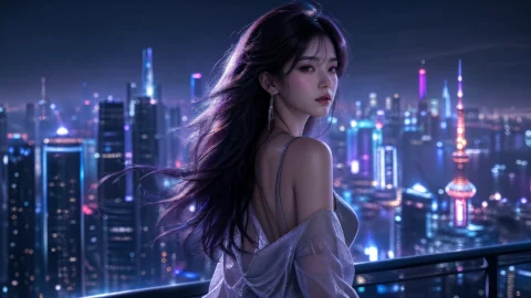 霓虹都市3D美女桌面壁纸