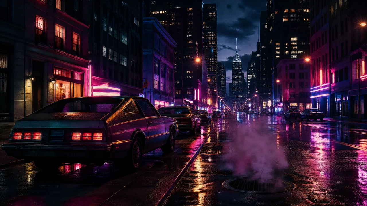 80年代霓虹城市夜景桌面壁纸