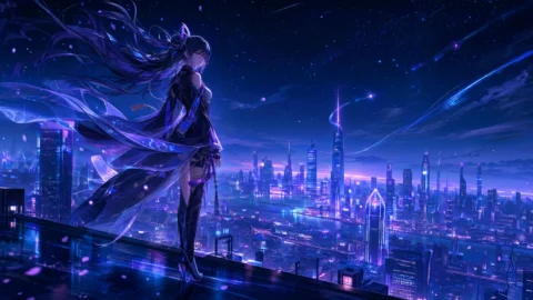 霓虹星夜二次元少女桌面壁纸