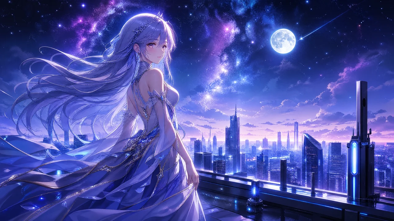 星夜霓虹少女插画桌面壁纸