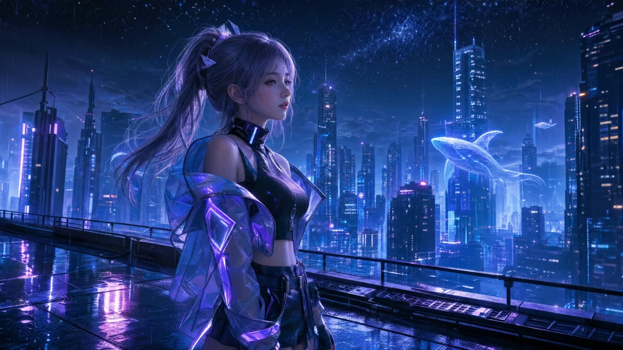 未来感动漫少女霓虹城市桌面壁纸