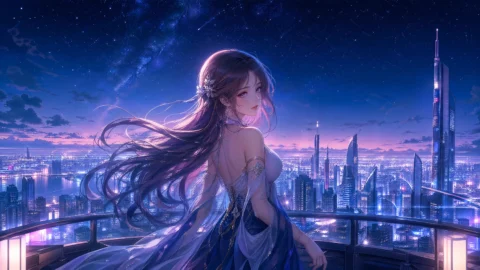 霓虹夜色动漫少女桌面壁纸