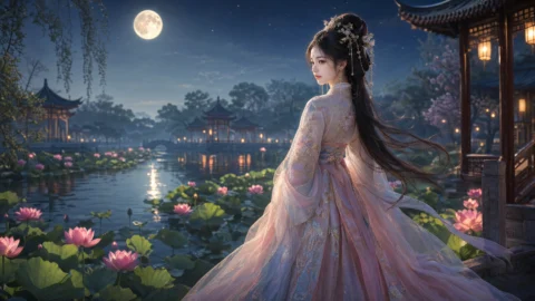 月下汉服佳人桌面壁纸