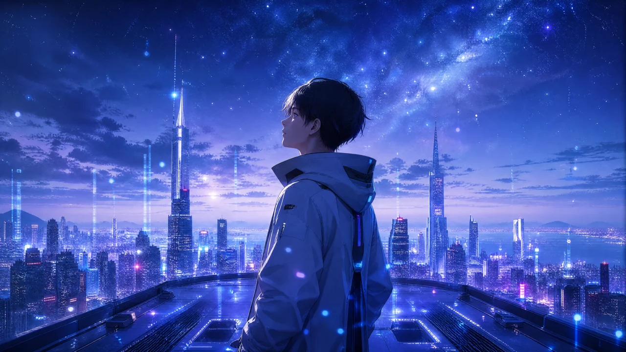 未来少年霓虹星空桌面壁纸