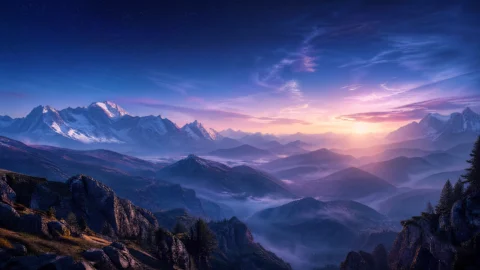 未来晨雾山景桌面壁纸