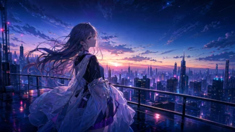 霓虹星空动漫少女桌面壁纸