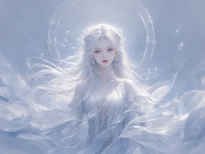 白发女子梦幻银蓝壁纸