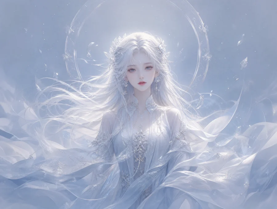 白发女子梦幻银蓝壁纸