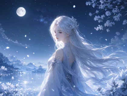 白发女孩月光幻想平板壁纸