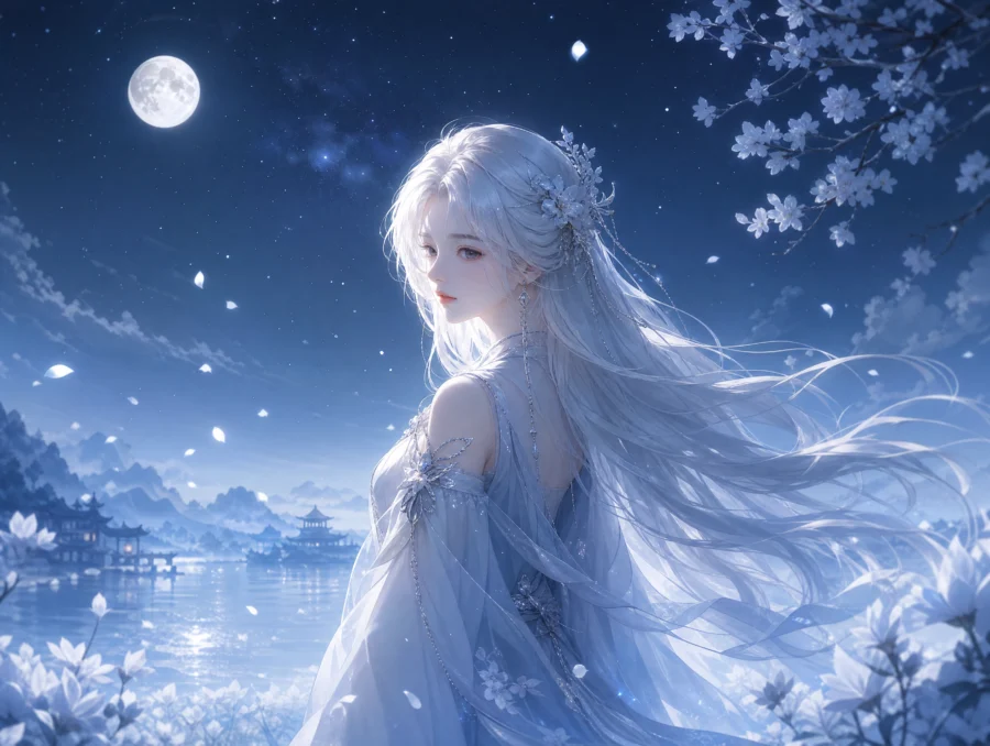 白发女孩月光幻想平板壁纸