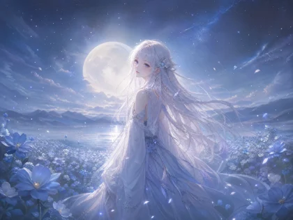 月光下的白发少女平板壁纸