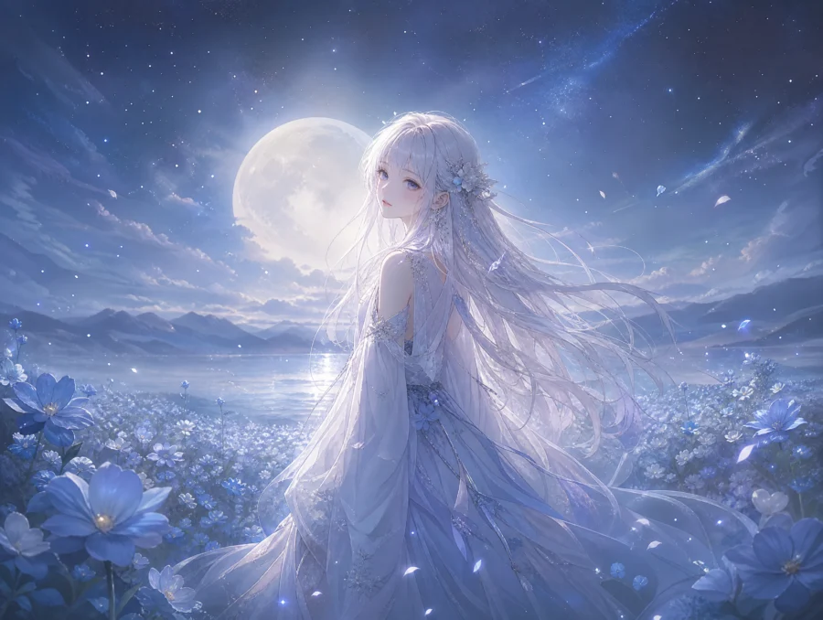月光下的白发少女平板壁纸
