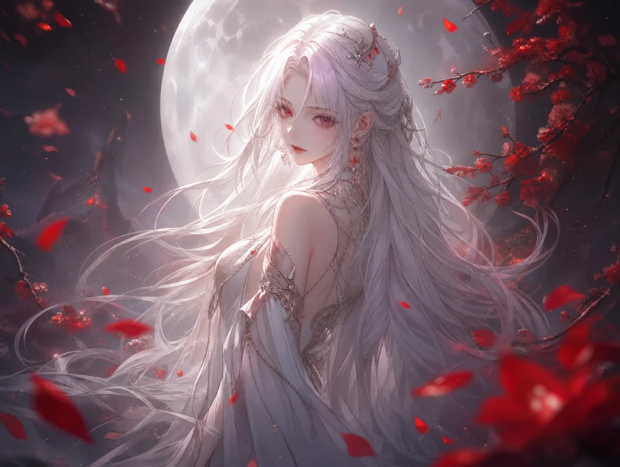 白发红瞳月夜幻想壁纸