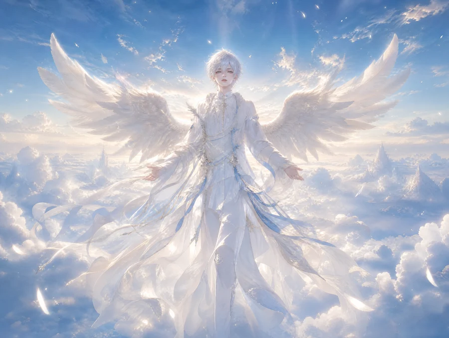 白发翅膀少年梦幻平板壁纸