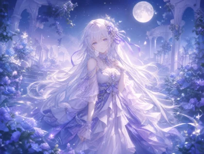 月光下的白发美少女平板壁纸