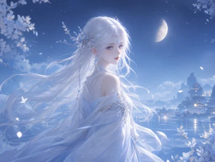 白发美少女月光幻想平板壁纸