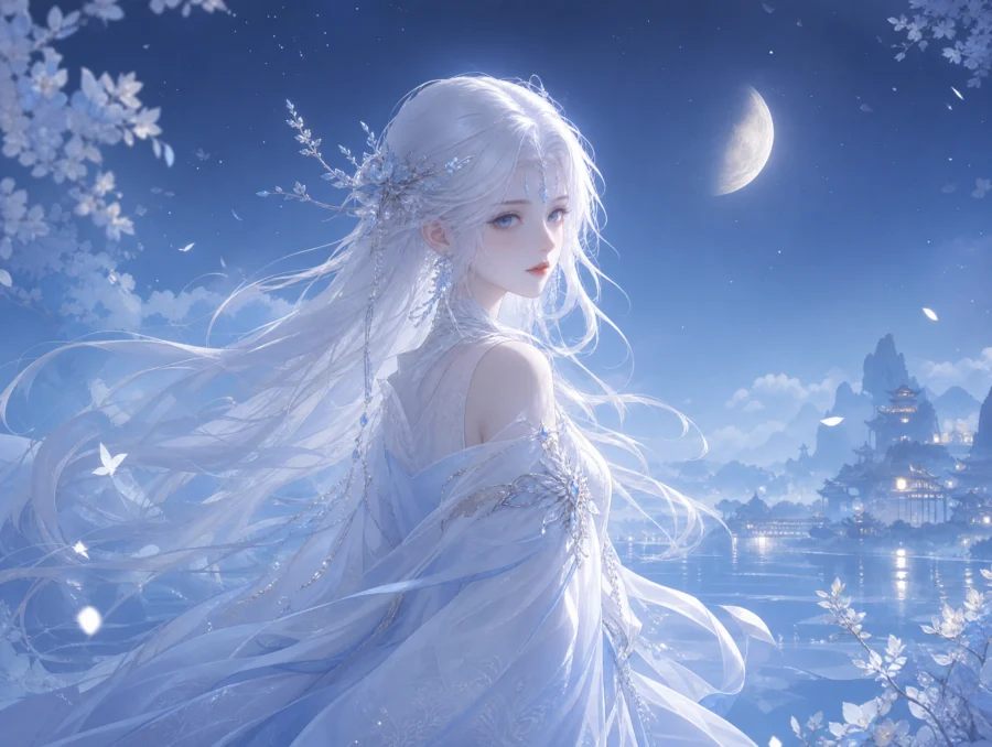 白发美少女月光幻想平板壁纸