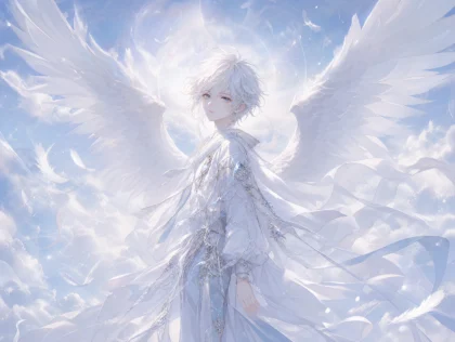 白发翅膀少年梦幻平板壁纸