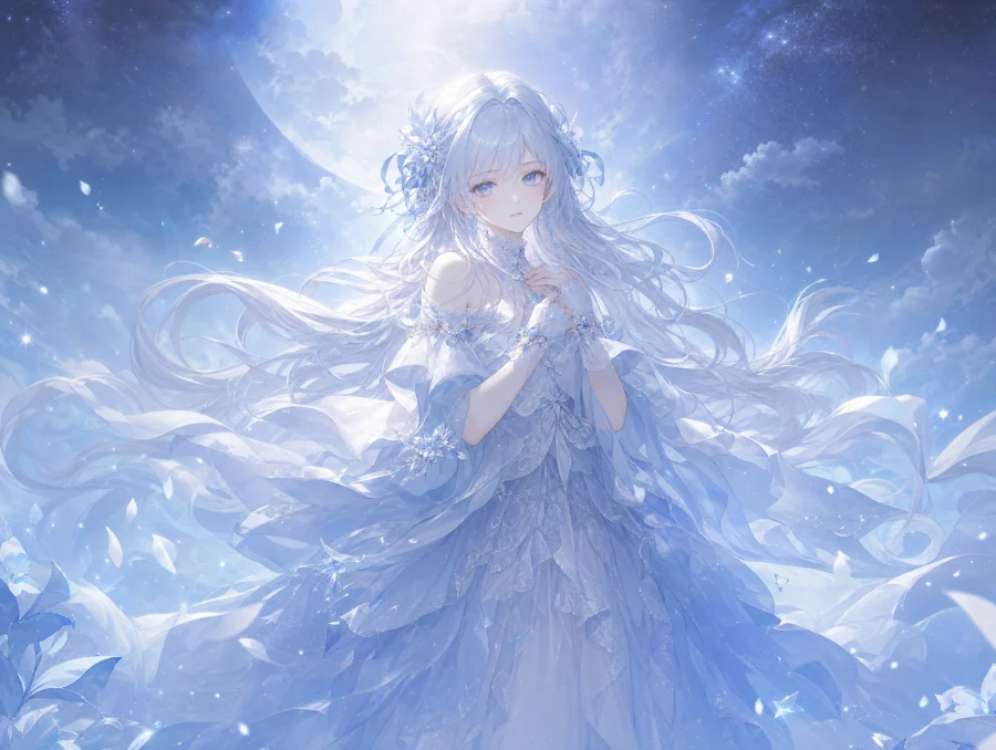 月光下的白发美少女平板壁纸