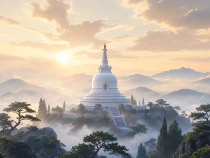 晨雾白塔平板壁纸