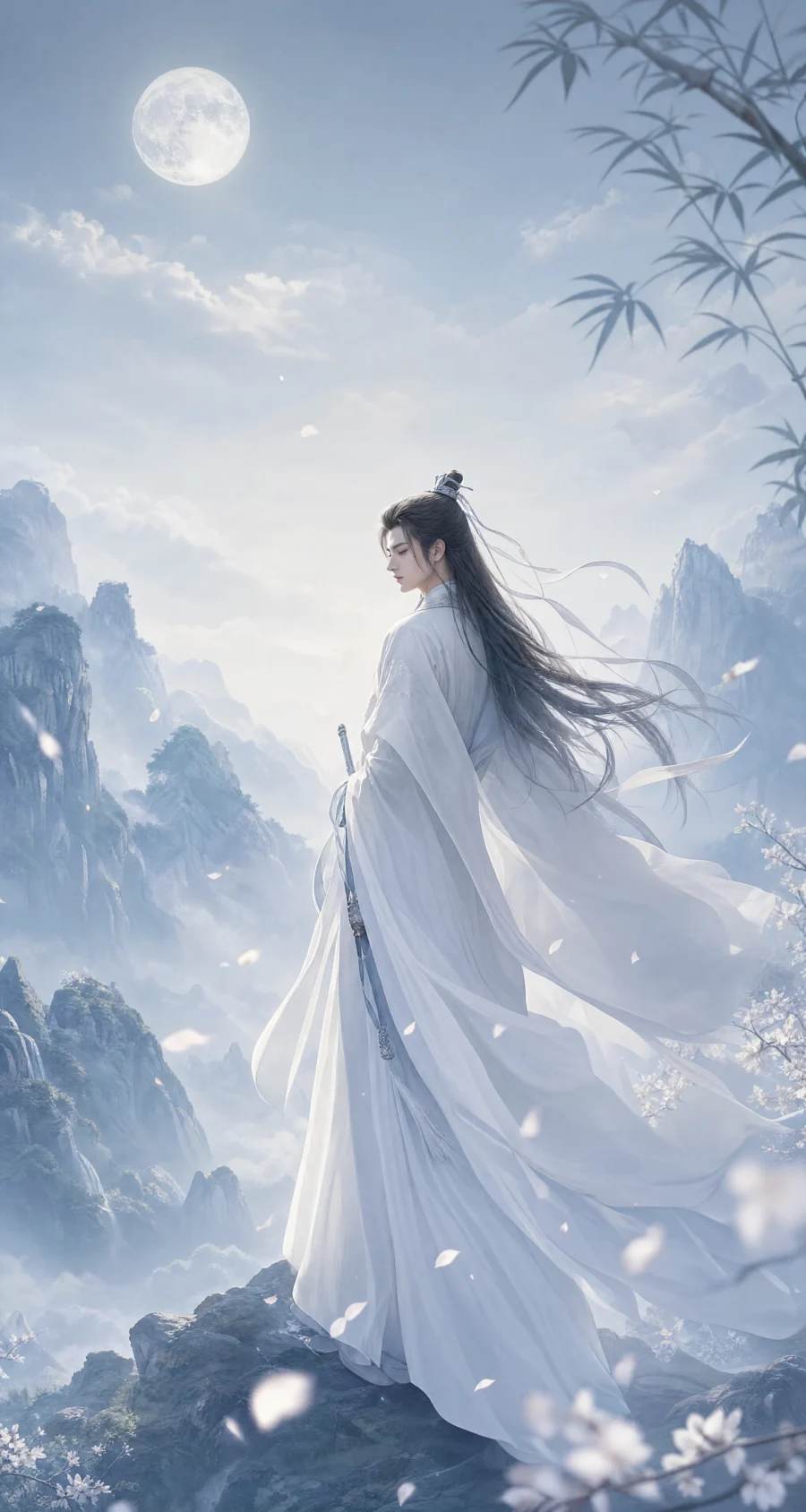 白色古装月下仙影平板壁纸