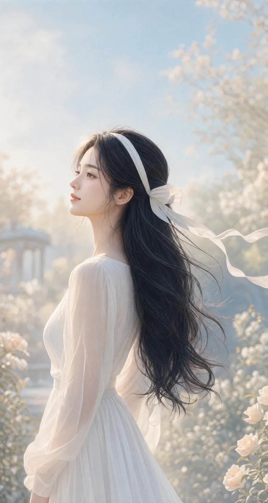 白色发带少女柔光平板壁纸