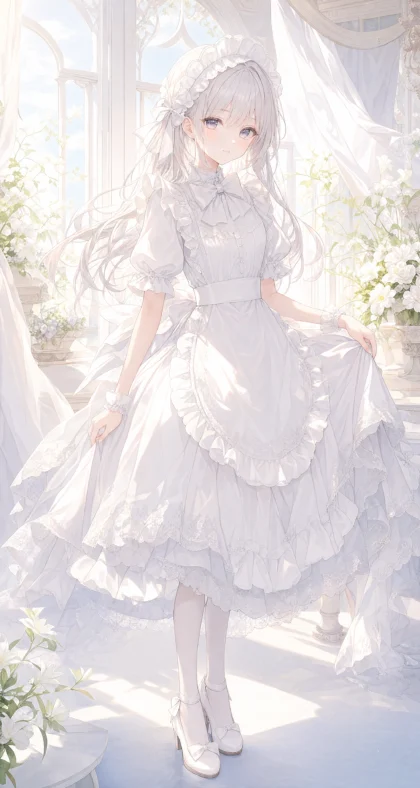 白色女仆装清新梦幻平板壁纸