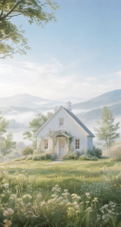 晨光里的白色小屋平板壁纸