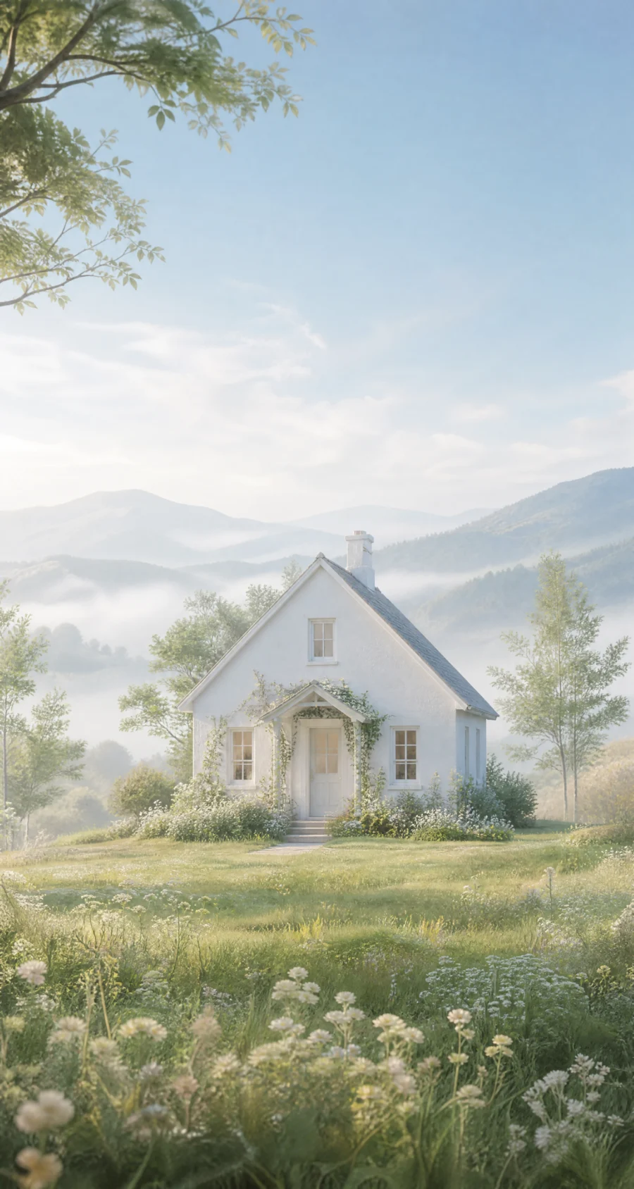 晨光里的白色小屋平板壁纸