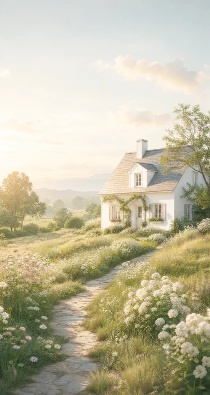 晨光中的白色小屋平板壁纸