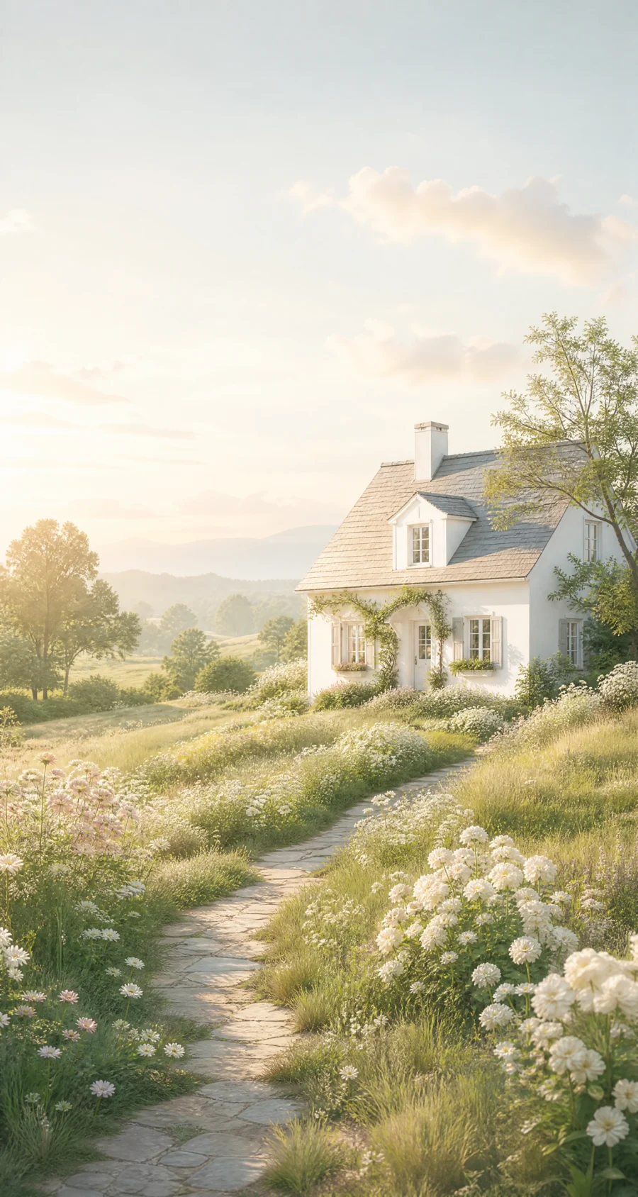 晨光中的白色小屋平板壁纸