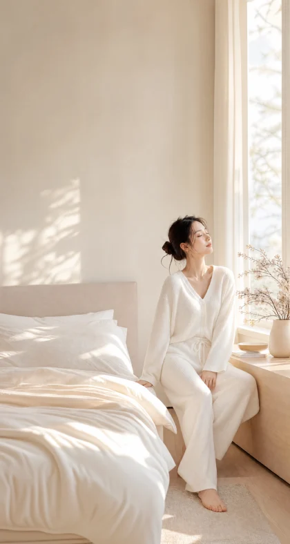 白色居家服温柔晨光平板壁纸