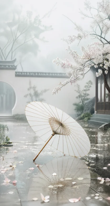 白色油纸伞清雅雨韵平板壁纸