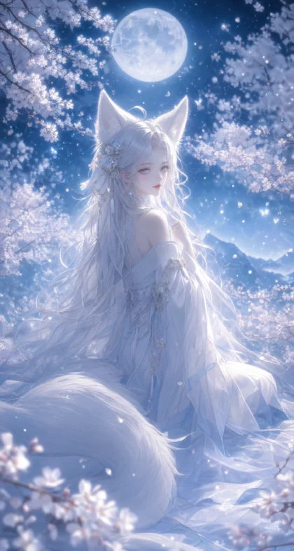 白色狐耳月夜幻想平板壁纸