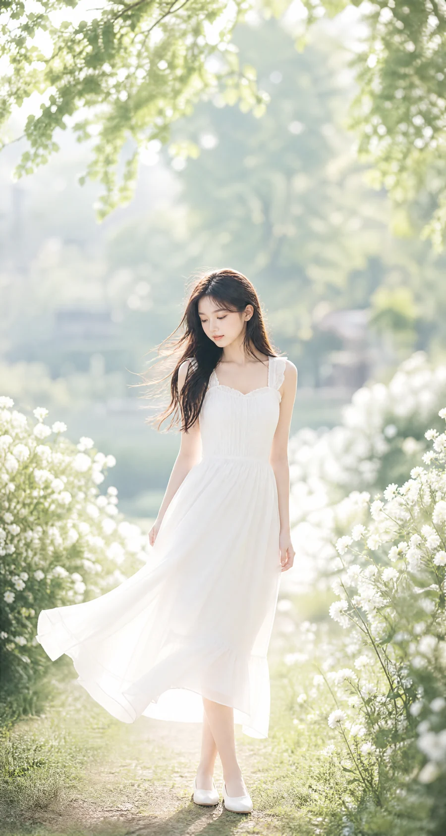 白色连衣裙少女唯美平板壁纸