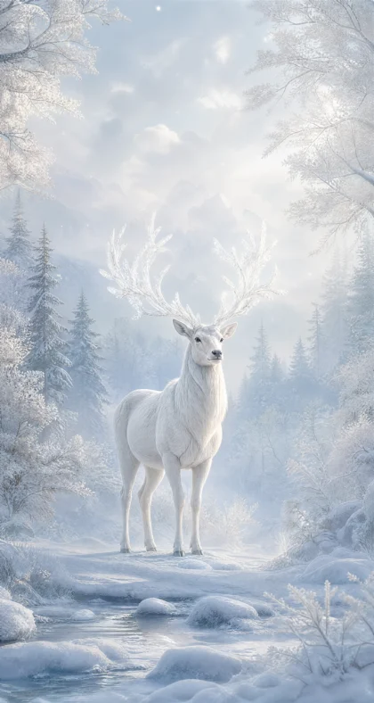 白色麋鹿雪境平板壁纸