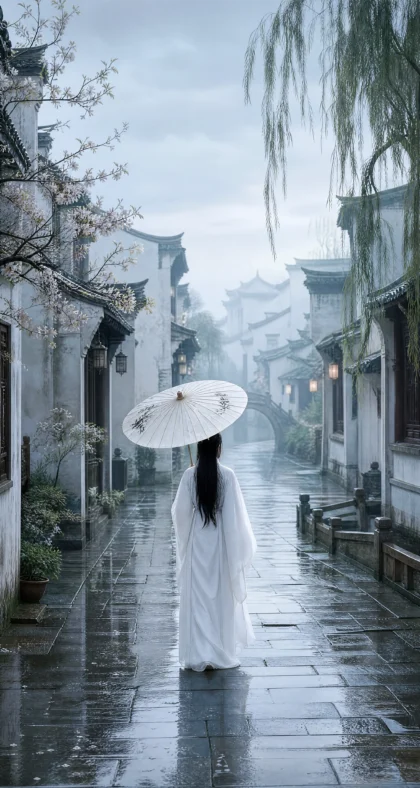 白衣油纸伞烟雨古巷平板壁纸