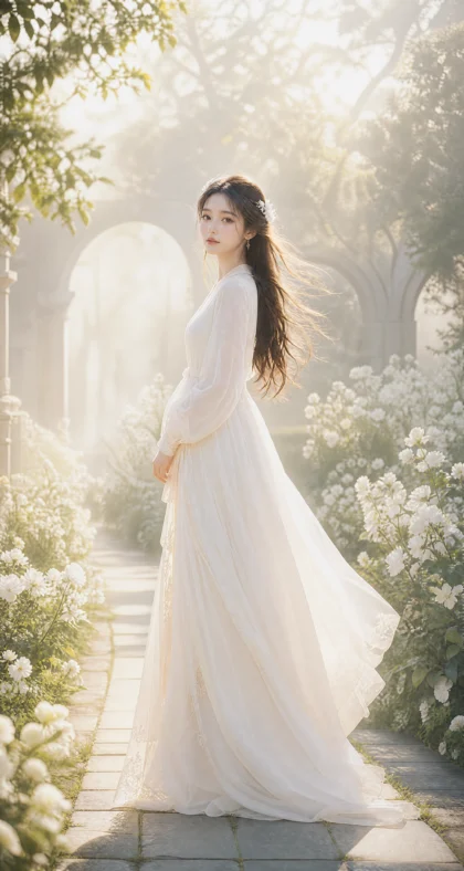 白衣少女晨光花园平板壁纸