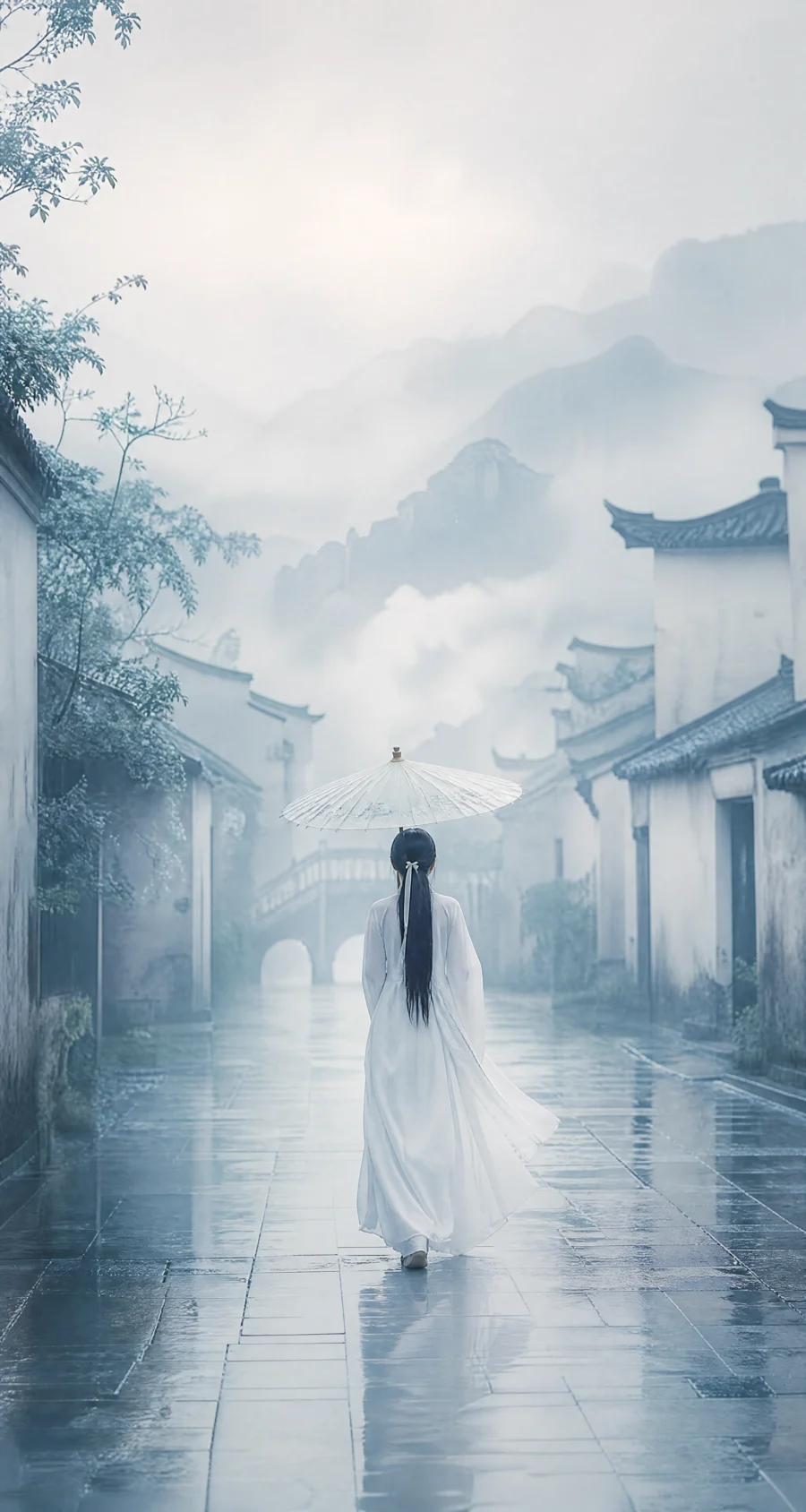 白衣油纸伞江南烟雨平板壁纸